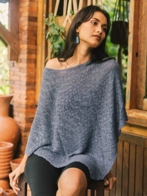 AF6901BLU DOUBLE-KNIT POPCORN PONCHO - DENIM BLUE