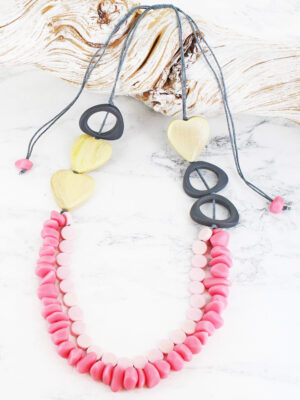 BB1501PK RESIN BEAD & WOODEN HEART NECKLACE