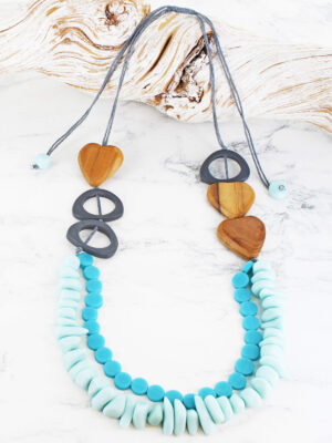 BB1501TU RESIN BEAD & WOODEN HEART NECKLACE