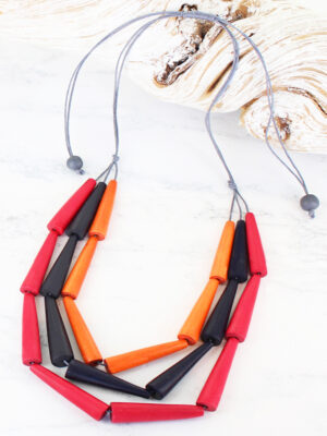 BB6305R 3-STRAND WOODEN CONE NECKLACE
