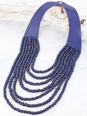 BB6910BLU MULTI-STRAND WOOD & LEATHER NECKLACE