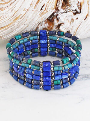 DC1512BLU ELASTICATED WOOD & GLASS BEAD BRACELET