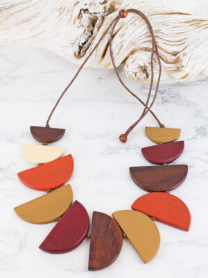 FB1403OR WOODEN HALF MOON FAN NECKLACE