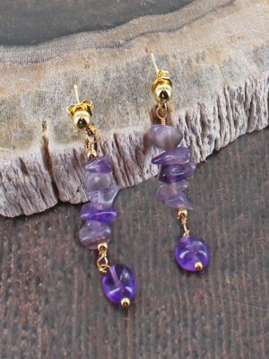 GP434AM AMETHYST CLUSTER DROP STUD EARRINGS [GOLD PLATE]