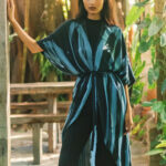 LS6401BLU LONG ABSTRACT KIMONO WITH BELT