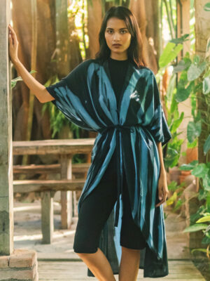 LS6401BLU LONG ABSTRACT KIMONO WITH BELT