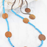 NB1406BLU LONG BEADED WOODED DISC NECKLACE