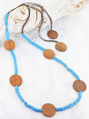NB1406BLU LONG BEADED WOODED DISC NECKLACE