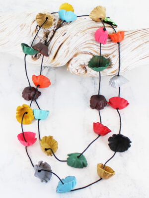 NB1408M LONG SINGLE STRAND LEATHER FLOWER NECKLACE