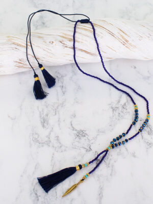 PP6209BLU DELICATE CRYSTAL BEAD TASSEL NECKLACE