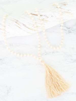 PP6704CR LONG CRYSTAL BEAD TASSEL NECKLACE - CREAM