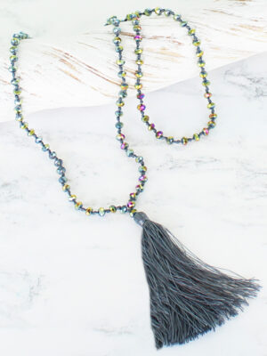 PP6704P LONG METALLIC CRYSTAL BEAD TASSEL NECKLACE
