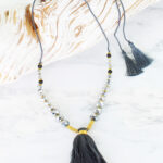 PP6901 SHORT GREY & GOLD CRYSTAL NECKLACE WITH TASSEL