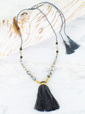 PP6901 SHORT GREY & GOLD CRYSTAL NECKLACE WITH TASSEL