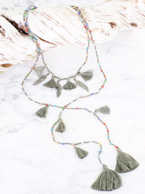 RS1802GY TRIPLE-FEATHER TASSEL NECKLACE WITH MULTI-COLOUR BEADING