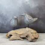 RT6110GY DOUBLE WOODEN BIRD ON NATURAL ROOT BASE