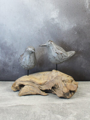 RT6110GY DOUBLE WOODEN BIRD ON NATURAL ROOT BASE