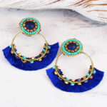 SJ1305BLU HOOP & TASSEL STATEMENT EARRINGS