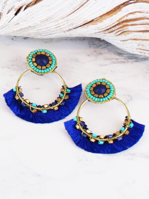 SJ1305BLU HOOP & TASSEL STATEMENT EARRINGS