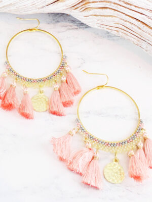 SJ1307PK HOOP & TASSEL STATEMENT EARRINGS