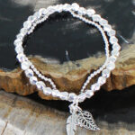 SP005L ELASTICATED 2-STRAND BRACELET WITH LEAF CHARMS [SILVER-PLATE]
