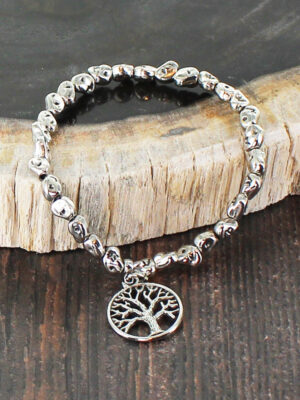 SP101T ELASTICATED NUGGET BRACELET WITH TREE-OF-LIFE CHARM [SILVER-PLATE]
