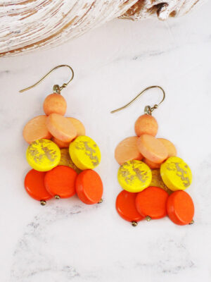 UJ1507OR WOODEN DISC CLUSTER DROP EARRINGS