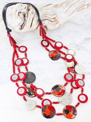 UJ6419 MULTI-STRAND COCONUT BEAD NECKLACE (RED TONES)