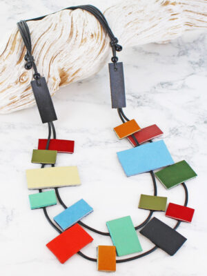 UJ6432 LONG RECTANGULAR LEATHER NECKLACE (MULTI)